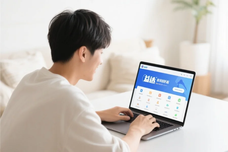 一位年轻用户在明亮舒适的室内环境中愉快地使用笔记本电脑,屏幕上展示辉达客户端新版界面